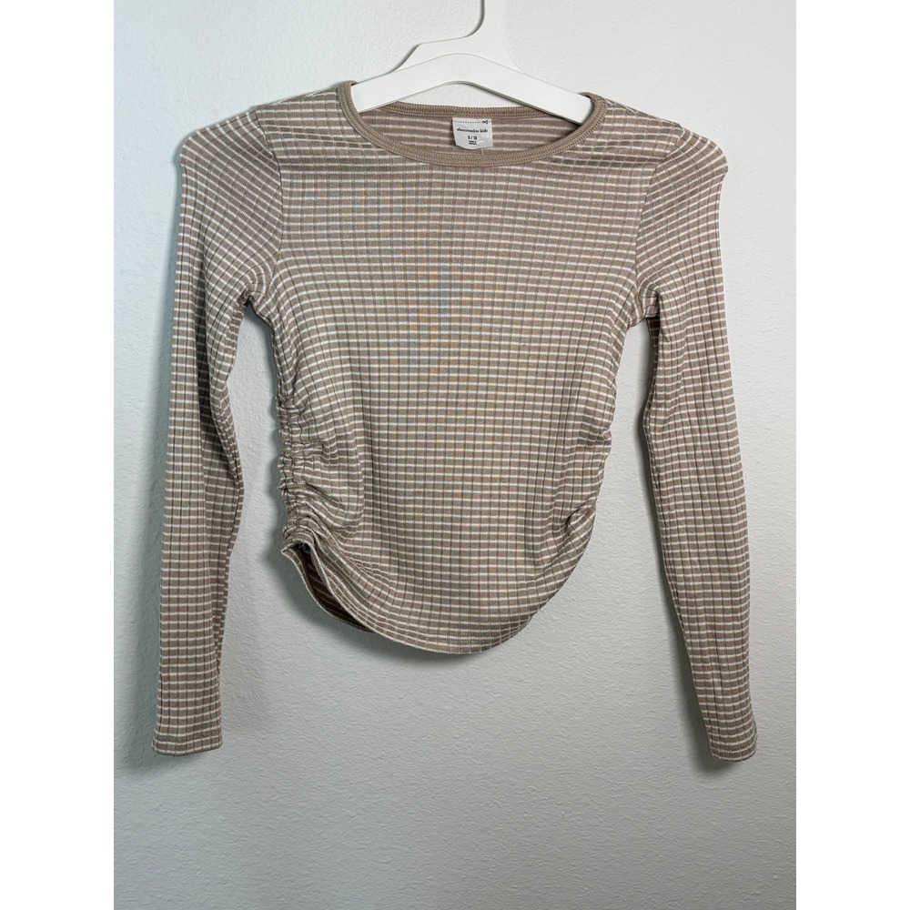 Abercrombie Kids Tan White Grid Ruched Side Long Sleeve Ribbed Top Size 9/10